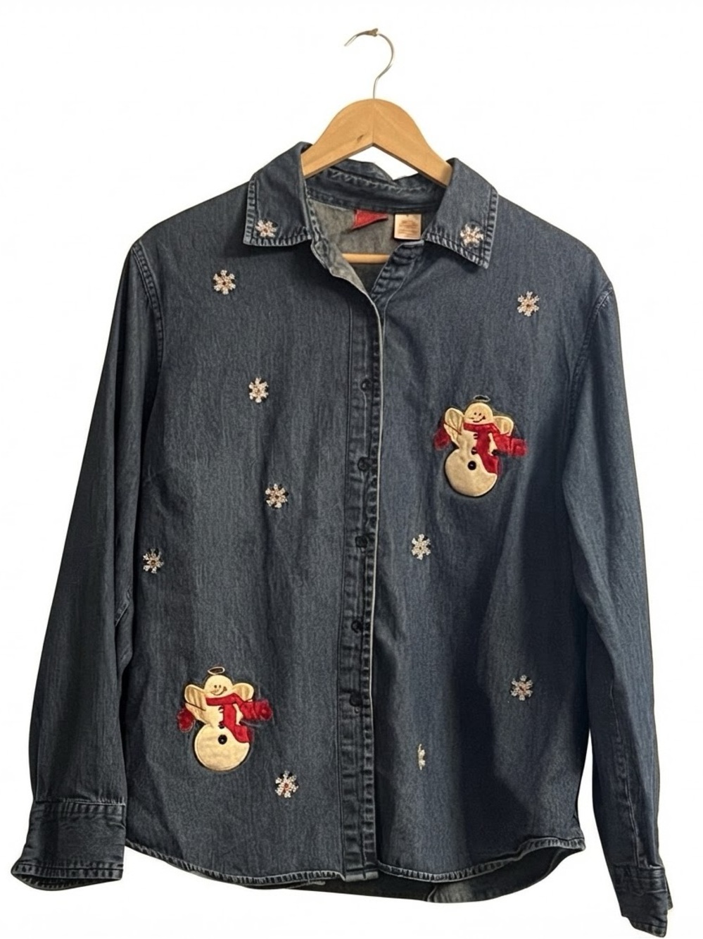 Vintage Holiday Joy Denim Snowman Snowflake Embroidered Denim Shirt Plus XL